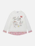 DAXUEN Long-sleeve layered top with cat graphics and plaid pattern