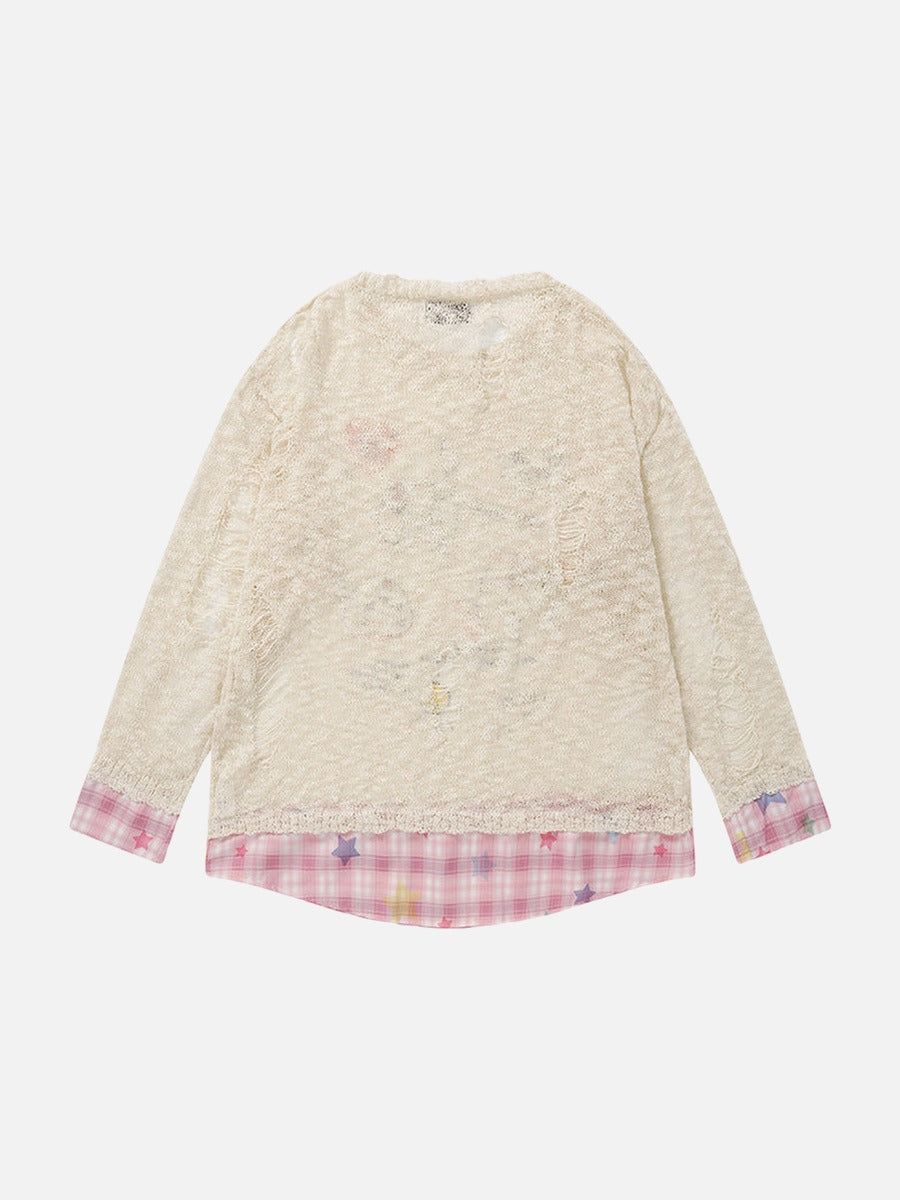 DAXUEN Long-sleeve layered top with cat graphics and plaid pattern