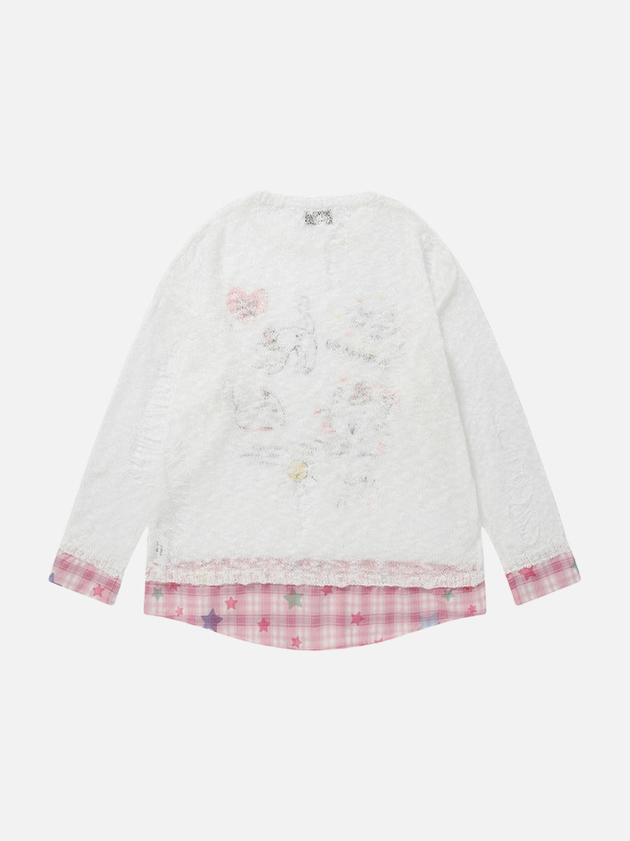 DAXUEN Long-sleeve layered top with cat graphics and plaid pattern
