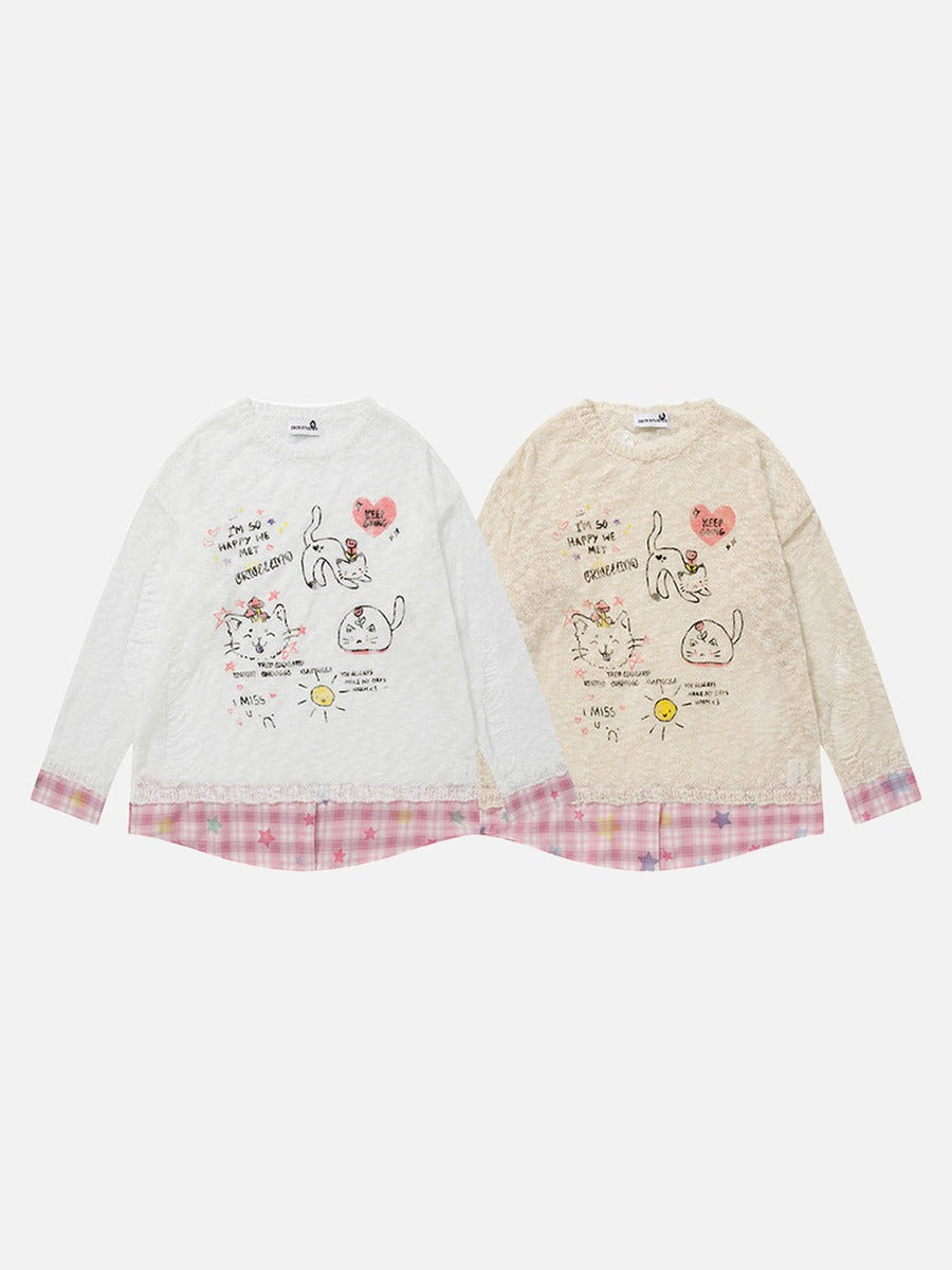 DAXUEN Long-sleeve layered top with cat graphics and plaid pattern