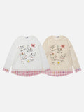 DAXUEN Long-sleeve layered top with cat graphics and plaid pattern