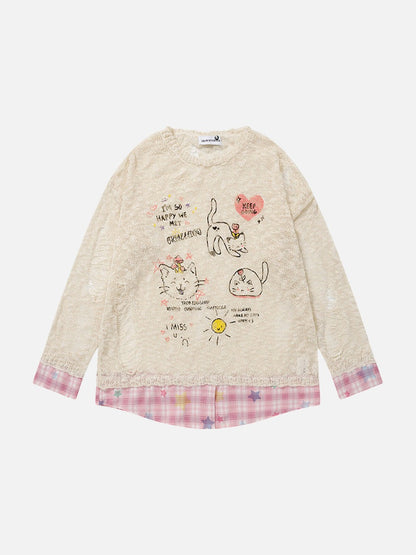 DAXUEN Long-sleeve layered top with cat graphics and plaid pattern