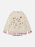 DAXUEN Long-sleeve layered top with cat graphics and plaid pattern