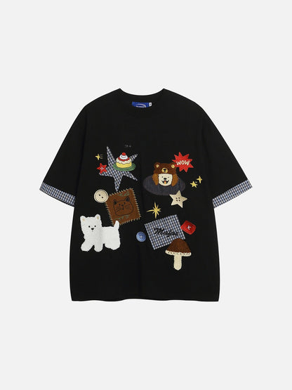 DAXUEN Playful plaid appliqué short-sleeved t-shirt