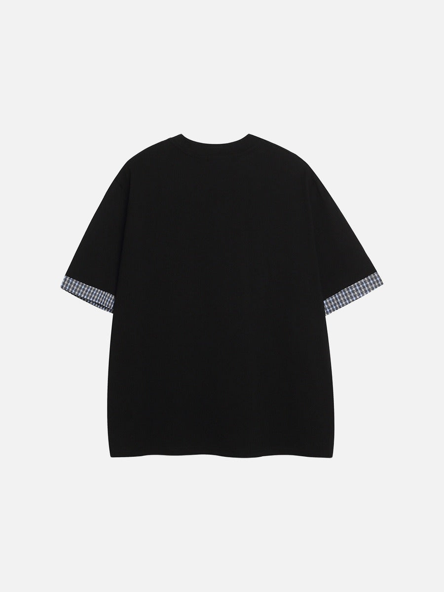 DAXUEN Playful plaid appliqué short-sleeved t-shirt