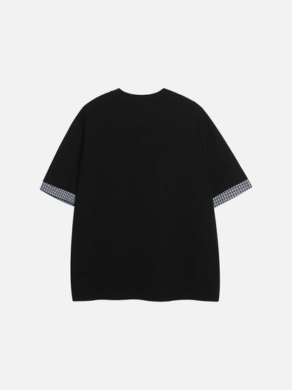 DAXUEN Playful plaid appliqué short-sleeved t-shirt