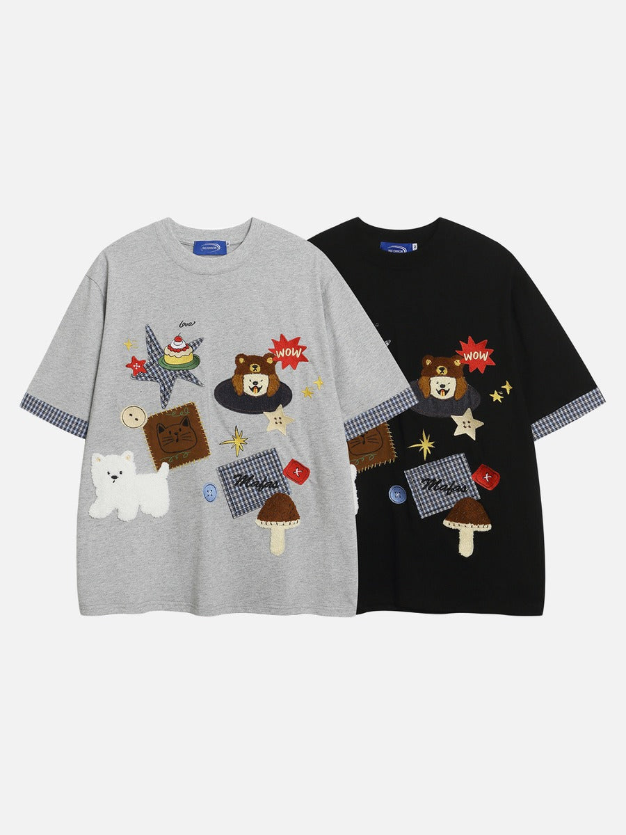 DAXUEN Playful plaid appliqué short-sleeved t-shirt