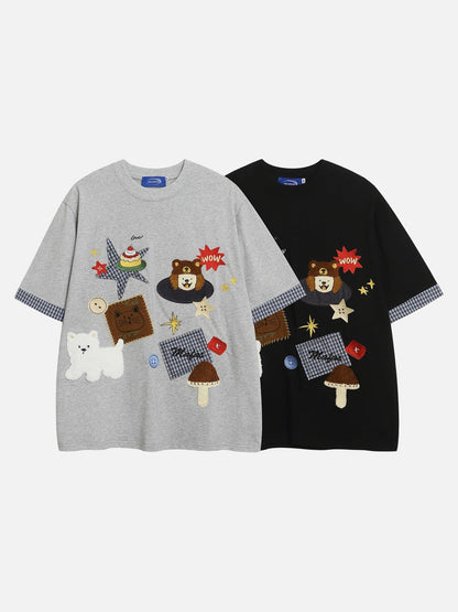 DAXUEN Playful plaid appliqué short-sleeved t-shirt