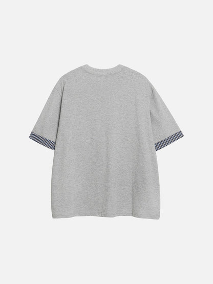 DAXUEN Playful plaid appliqué short-sleeved t-shirt