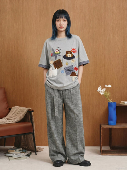 DAXUEN Playful plaid appliqué short-sleeved t-shirt — model photo