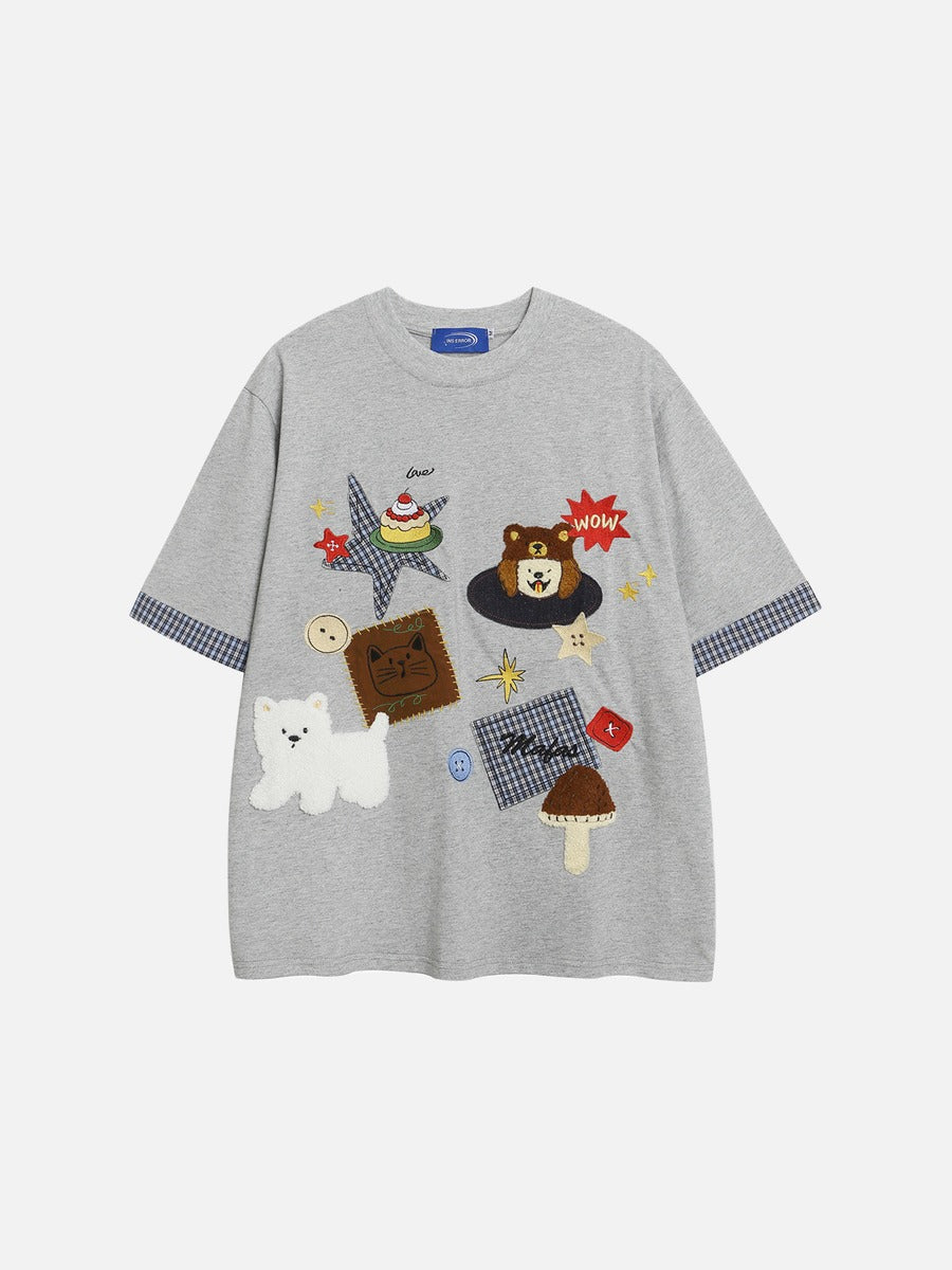 DAXUEN Playful plaid appliqué short-sleeved t-shirt