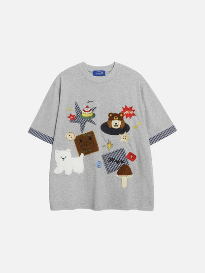 DAXUEN Playful plaid appliqué short-sleeved t-shirt