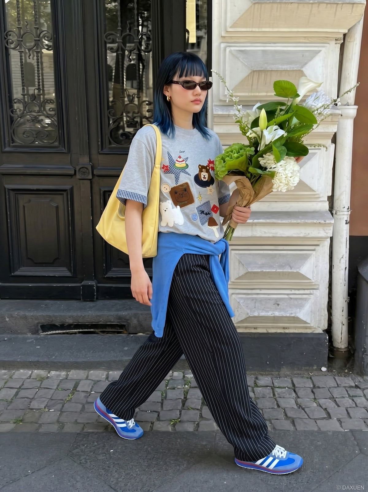 DAXUEN Playful plaid appliqué short-sleeved t-shirt — model photo