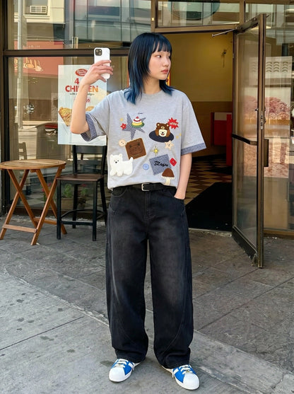 DAXUEN Playful plaid appliqué short-sleeved t-shirt — model photo