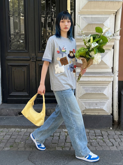 DAXUEN Playful plaid appliqué short-sleeved t-shirt — model photo