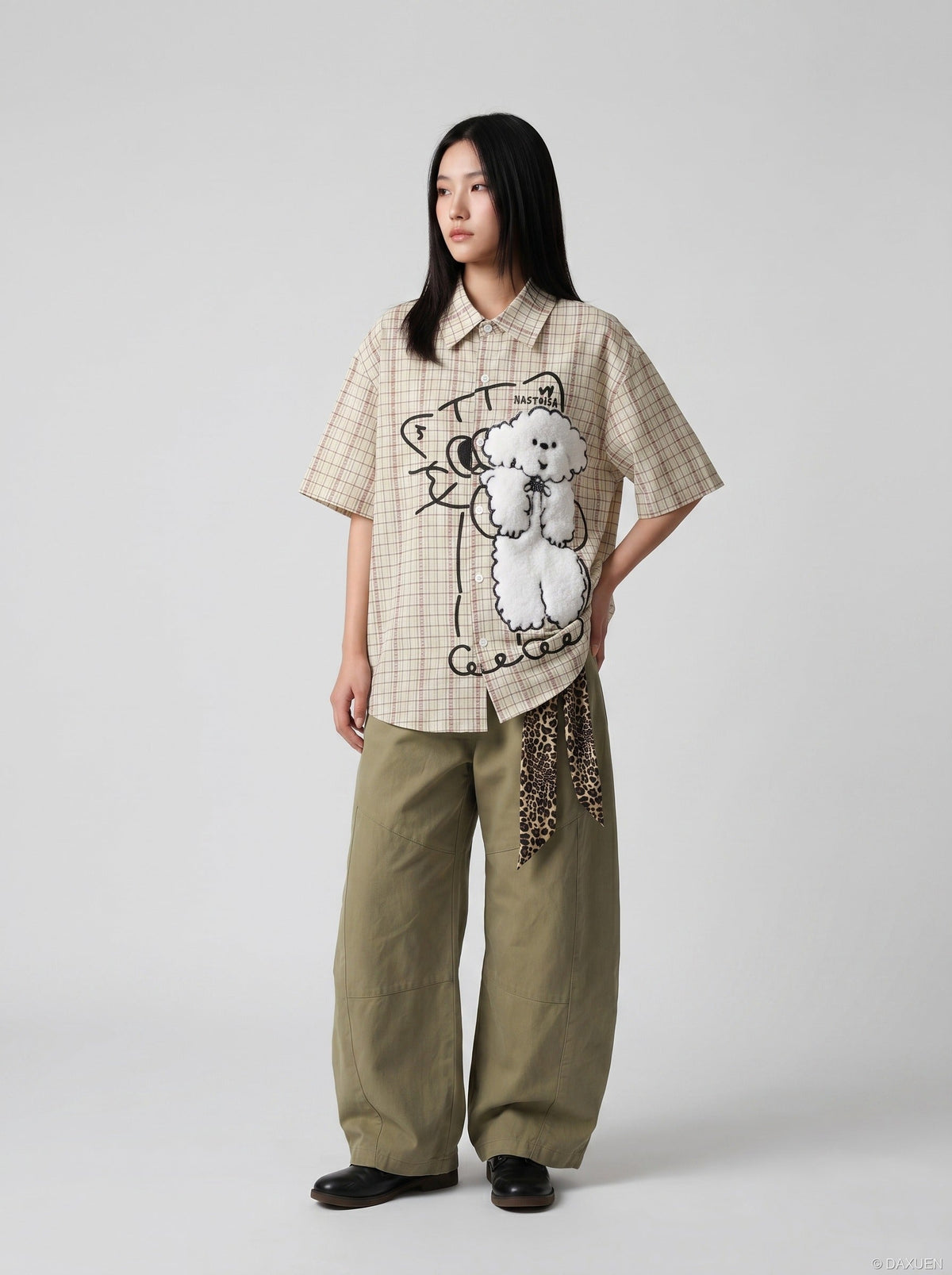 DAXUEN Playful Poodle Appliqué Button-Up Shirt | DAXUEN — model photo