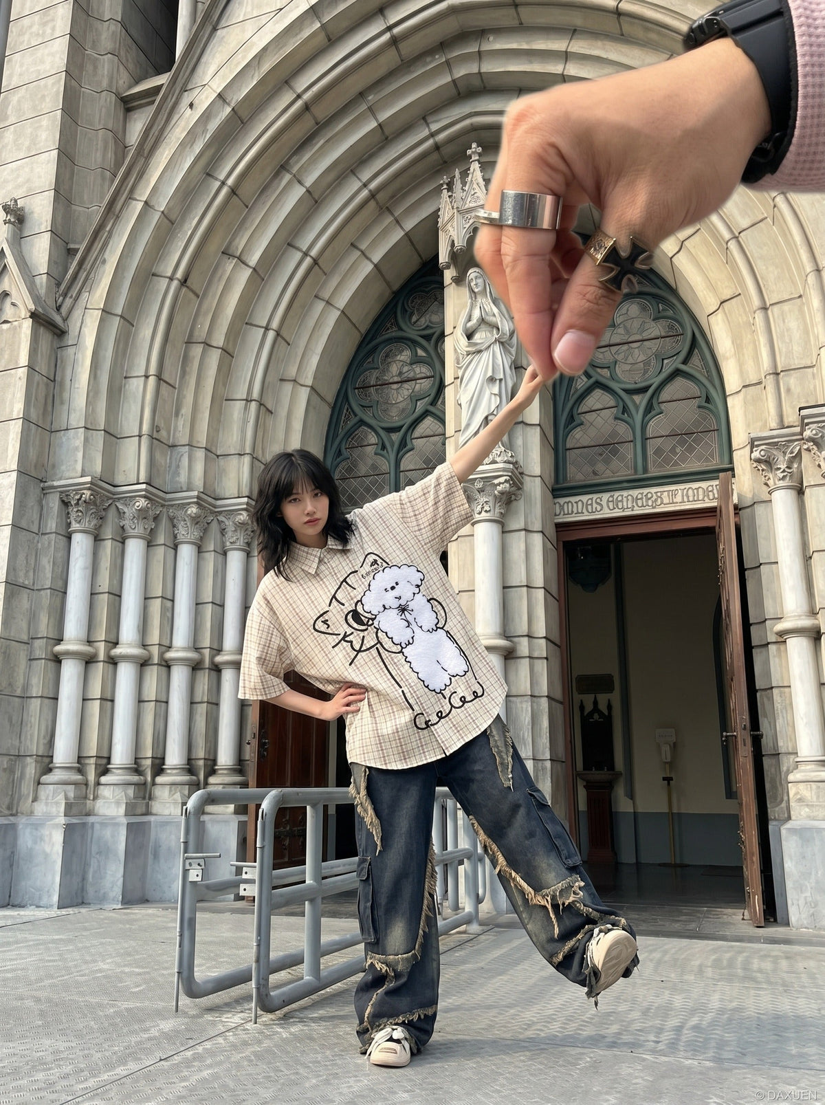 DAXUEN Playful Poodle Appliqué Button-Up Shirt | DAXUEN — model photo