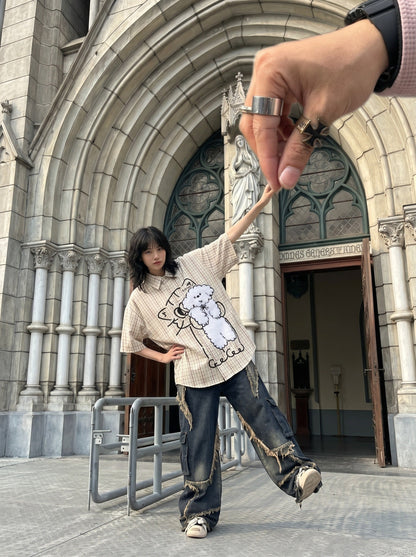 DAXUEN Playful Poodle Appliqué Button-Up Shirt | DAXUEN — model photo