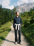 DAXUEN dark blue denim shirt with arrow-button details — model photo