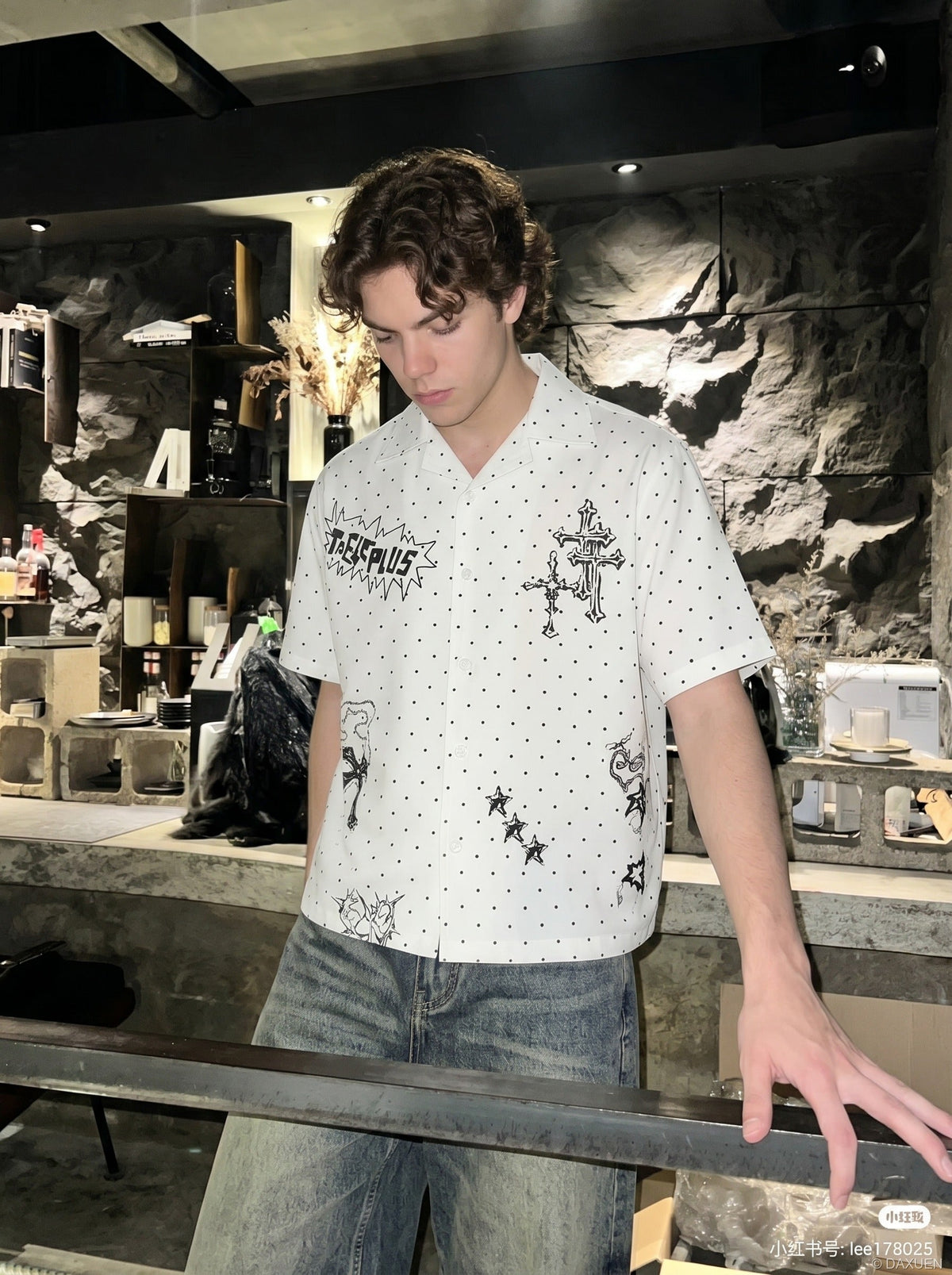 DAXUEN Polka-Dot Cross Casual Shirt | DAXUEN — model photo