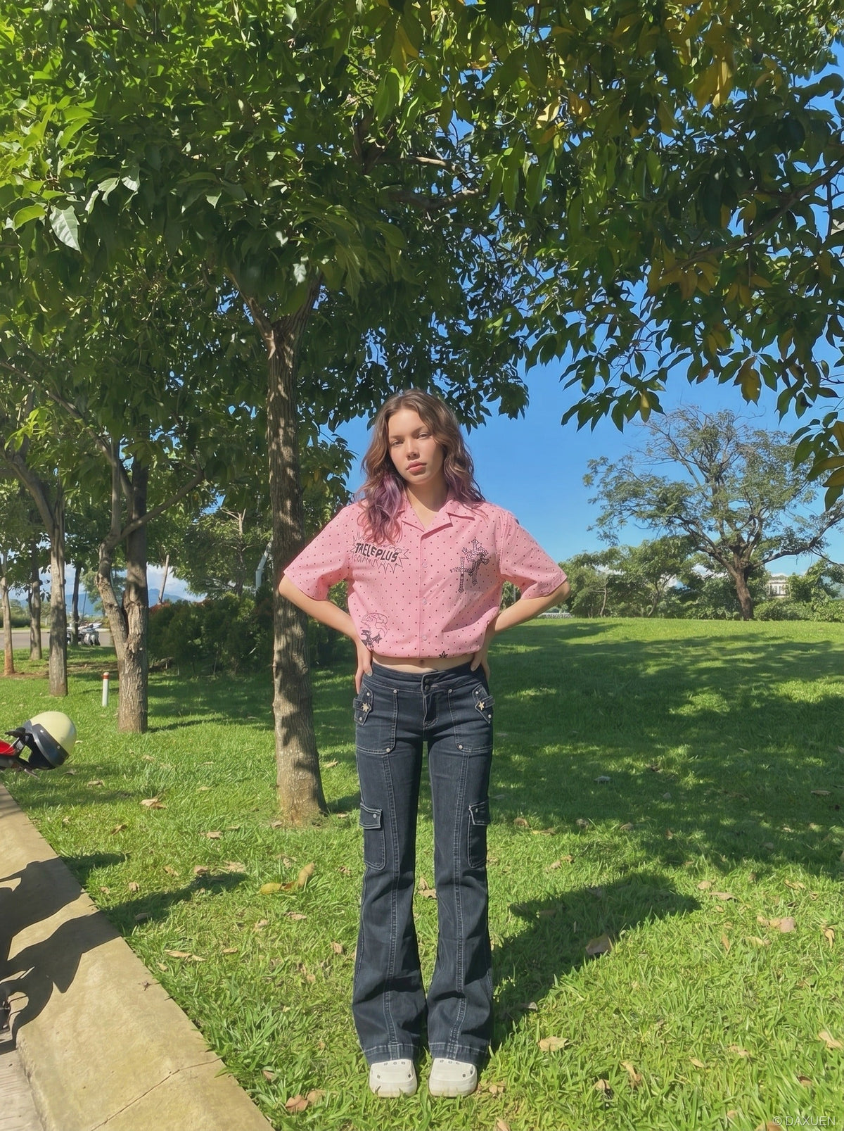 DAXUEN Polka-Dot Cross Casual Shirt | DAXUEN — model photo