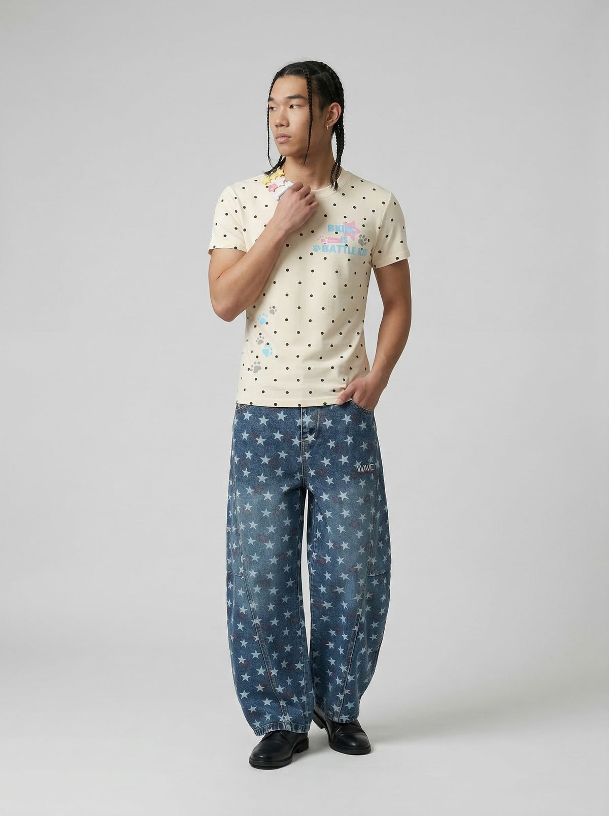 DAXUEN Polka dot graphic t-shirt with prints and decorative pins — model photo