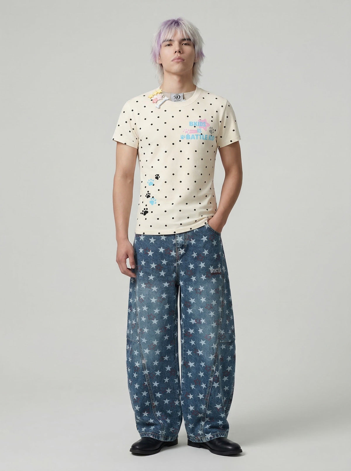 DAXUEN Polka dot graphic t-shirt with prints and decorative pins — model photo