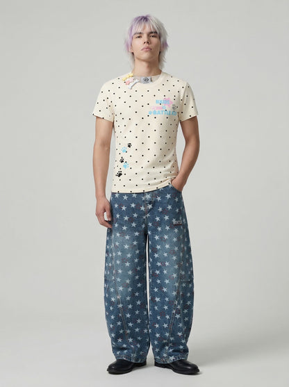 DAXUEN Polka dot graphic t-shirt with prints and decorative pins — model photo