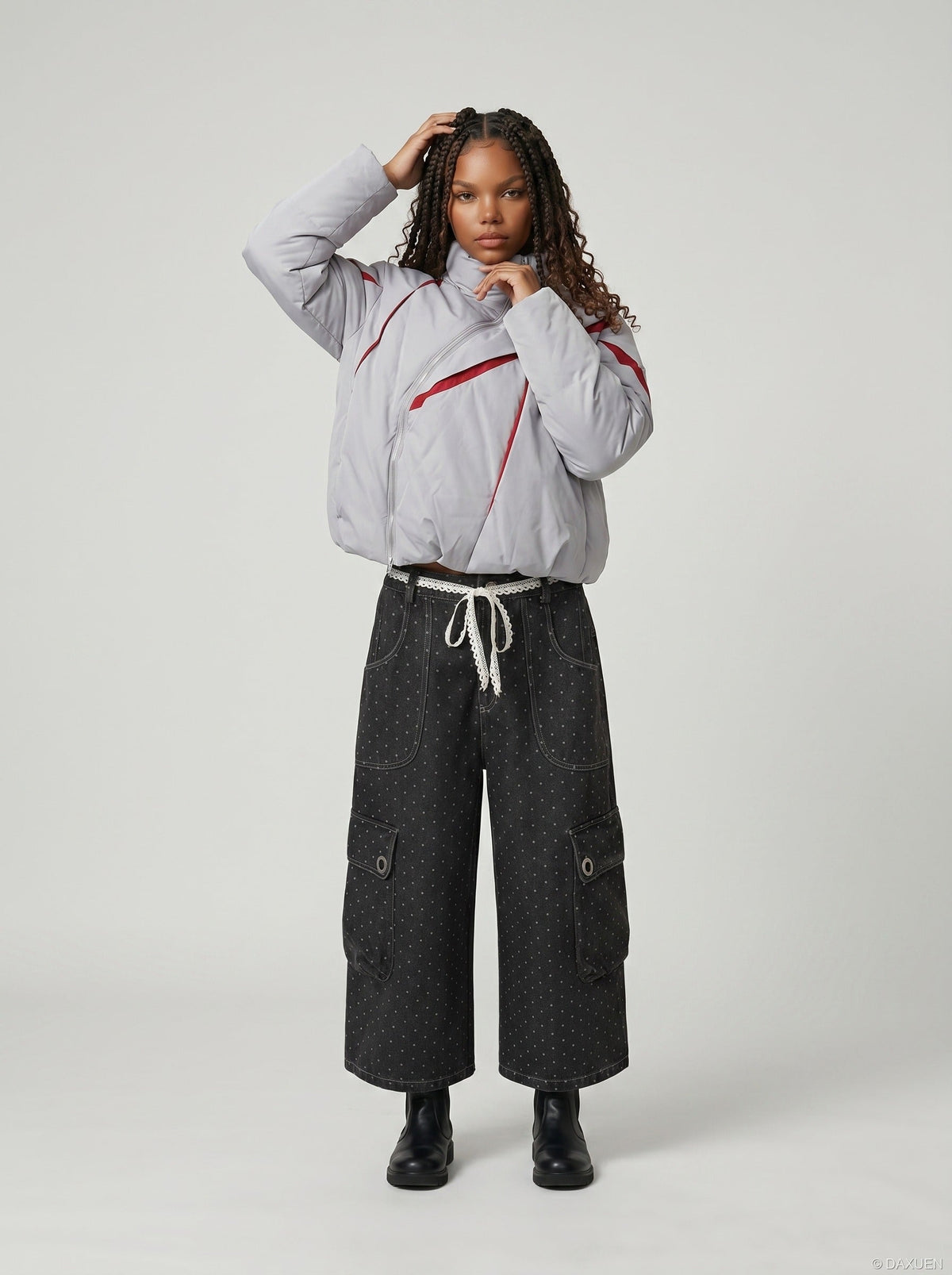 DAXUEN Dark grey wide-leg cropped cargo pants with polka dots — model photo
