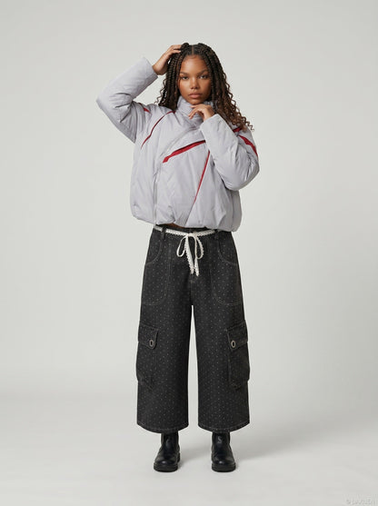 DAXUEN Dark grey wide-leg cropped cargo pants with polka dots — model photo
