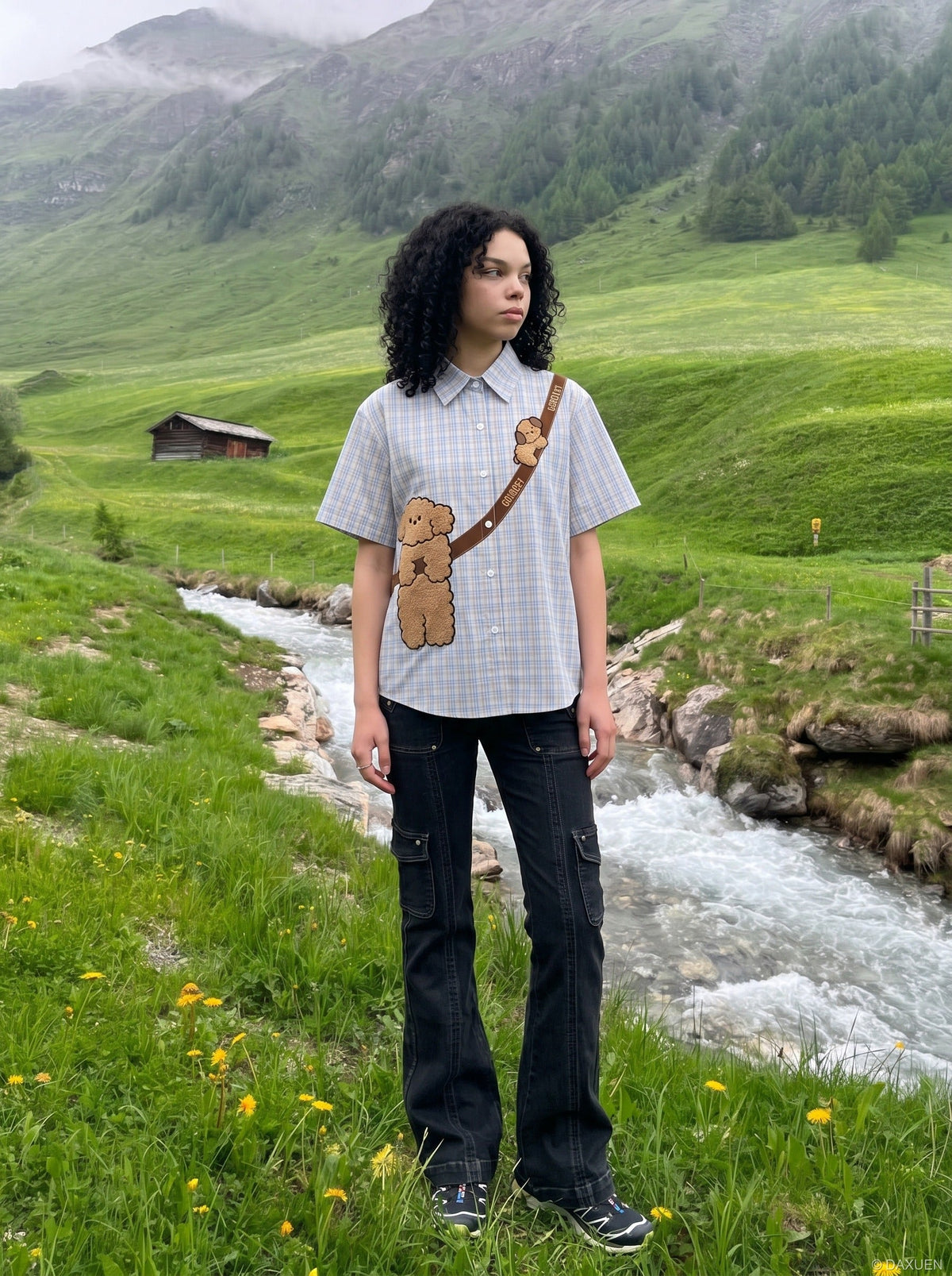 DAXUEN Poodle Appliqué Plaid Button-Up Shirt | DAXUEN — model photo