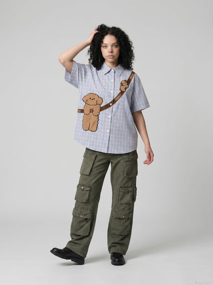 DAXUEN Poodle Appliqué Plaid Button-Up Shirt | DAXUEN — model photo