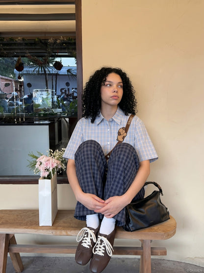 DAXUEN Poodle Appliqué Plaid Button-Up Shirt | DAXUEN — model photo