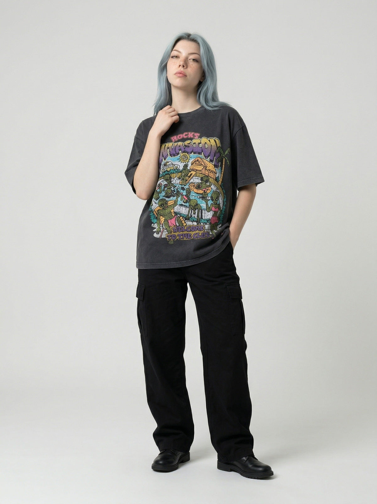 DAXUEN Graphic t-shirt featuring aliens at a pool party — model photo