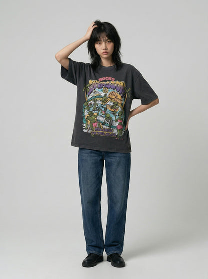 DAXUEN Graphic t-shirt featuring aliens at a pool party — model photo