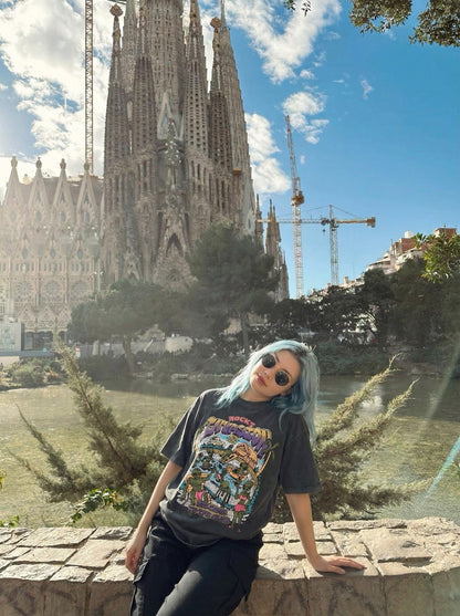 DAXUEN Graphic t-shirt featuring aliens at a pool party — model photo