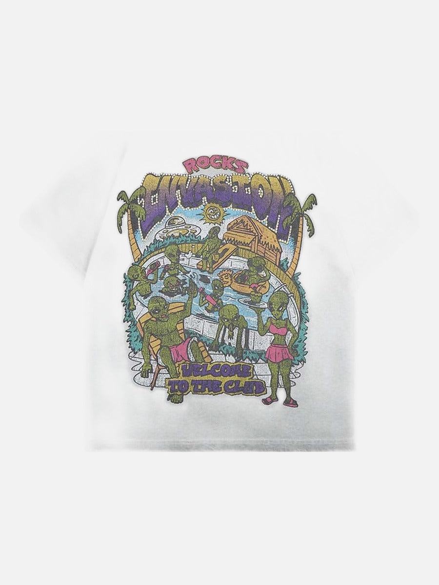 DAXUEN Graphic t-shirt featuring aliens at a pool party