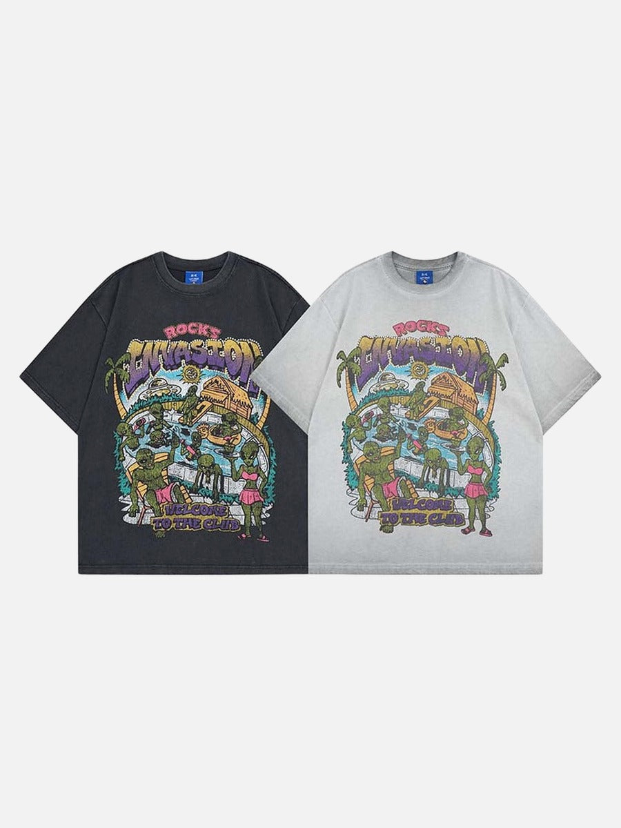 DAXUEN Graphic t-shirt featuring aliens at a pool party