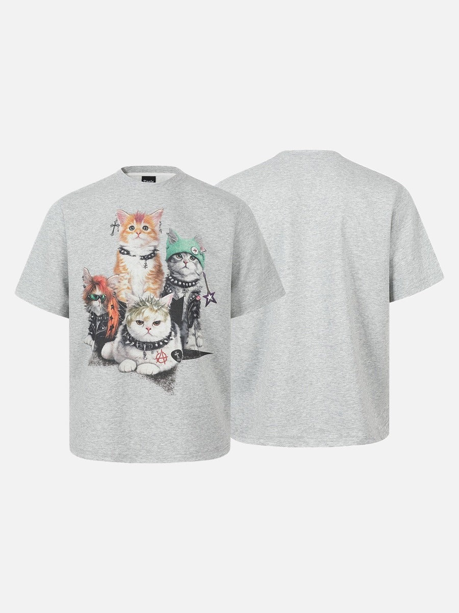 DAXUEN Heather grey short-sleeved T-shirt with punk cat graphic