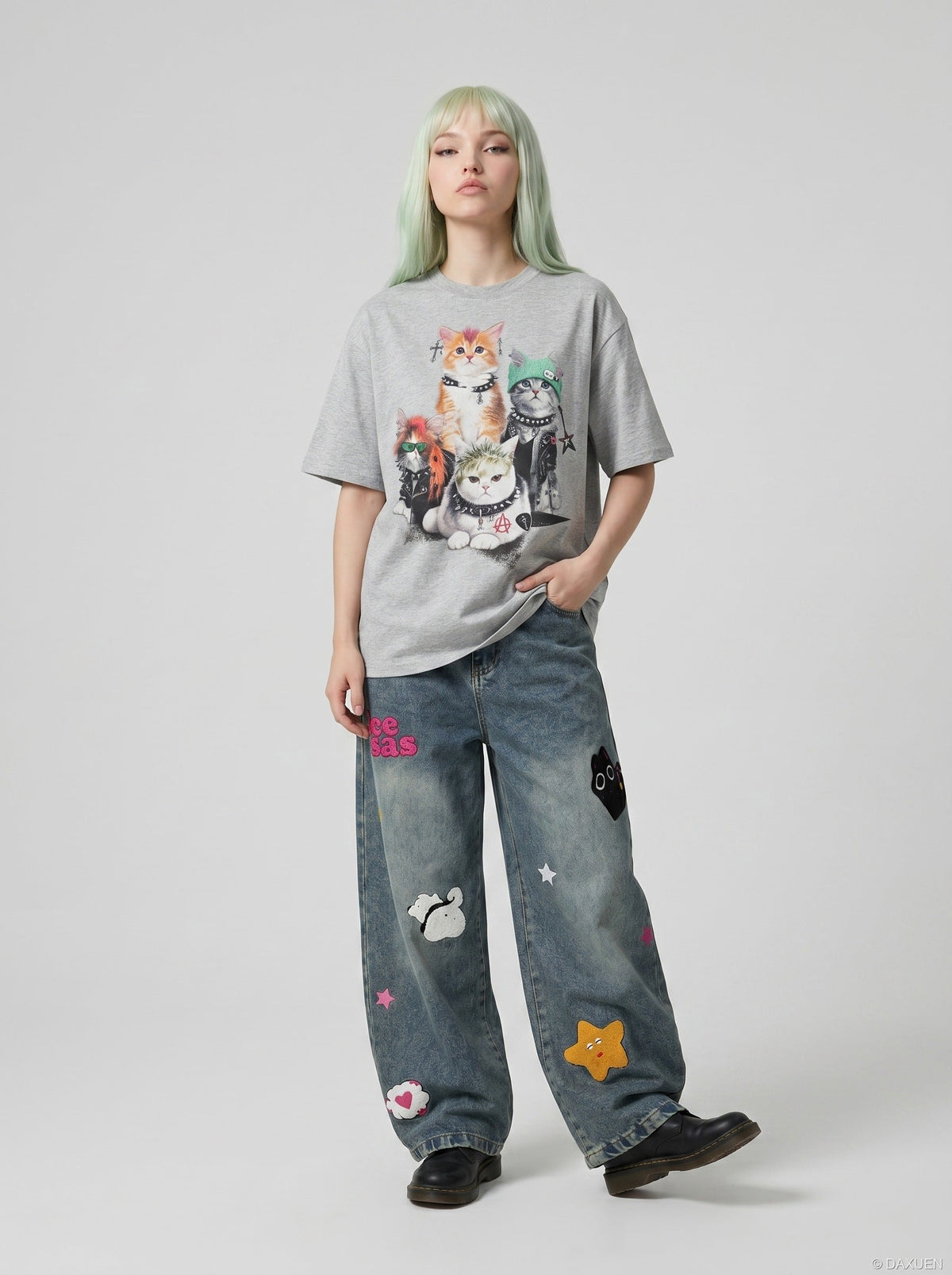 DAXUEN punk-cat-graphic-t-shirt-short-sleeve — model photo