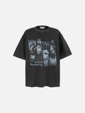 DAXUEN dark grey acid-wash graphic tee with punk portraits