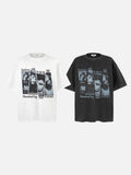 DAXUEN dark grey acid-wash graphic tee with punk portraits