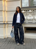 DAXUEN Dark-wash wide-leg jeans with dog embroidery — model photo