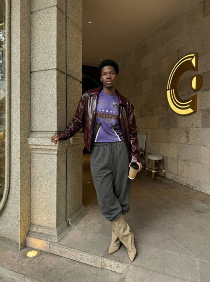 DAXUEN Purple short-sleeved crew neck graphic t-shirt — model photo