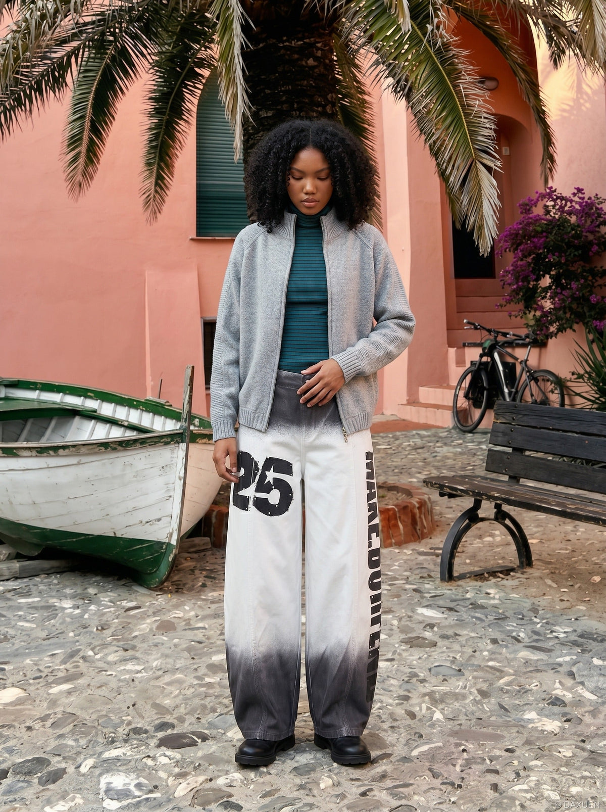 DAXUEN High-waisted wide-leg trousers with dip-dye effect — model photo