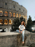 DAXUEN Raglan short-sleeved T-shirt with vertical stripes and graphics — model photo