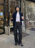DAXUEN Wide-leg raw denim jeans in dark grey — model photo