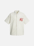 Red-Embroidered Cream Striped Button-Up Shirt