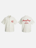 DAXUEN cream oversized striped button-up shirt with red embroidery