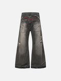 DAXUEN washed black distressed flame-embroidered wide-leg jeans